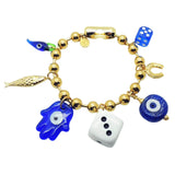 Dana Levy maxi lucky charms ball chain bag charm with gold chain and royal blue lucky charms on a white background. 