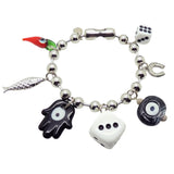 Dana Levy maxi lucky charms ball chain bag charm with silver chain and black and red lucky charms on a white background. 