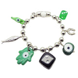 Dana Levy maxi lucky charms ball chain bag charm with silver chain and green lucky charms on a white background. 