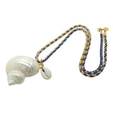 Dana Levy large spiral seashell charm with a small cowrie shell charm on a pink yellow and blue braid cord necklace on a white background. 
