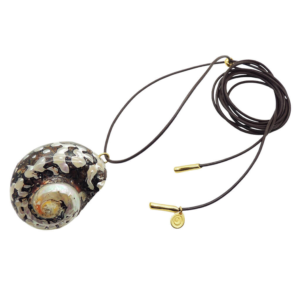 Dana Levy maxi spiral seashell charm leather lariat cord necklace with a brown/Ivory shell, brown cord and gold plated cord ends, on a white background. 