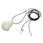 Dana Levy maxi spiral seashell charm leather lariat cord necklace with an Ivory shell, black cord and silver plated cord ends, on a white background. 