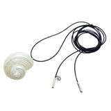 Dana Levy maxi spiral seashell charm leather lariat cord necklace with an Ivory shell, black cord and silver plated cord ends, on a white background. 