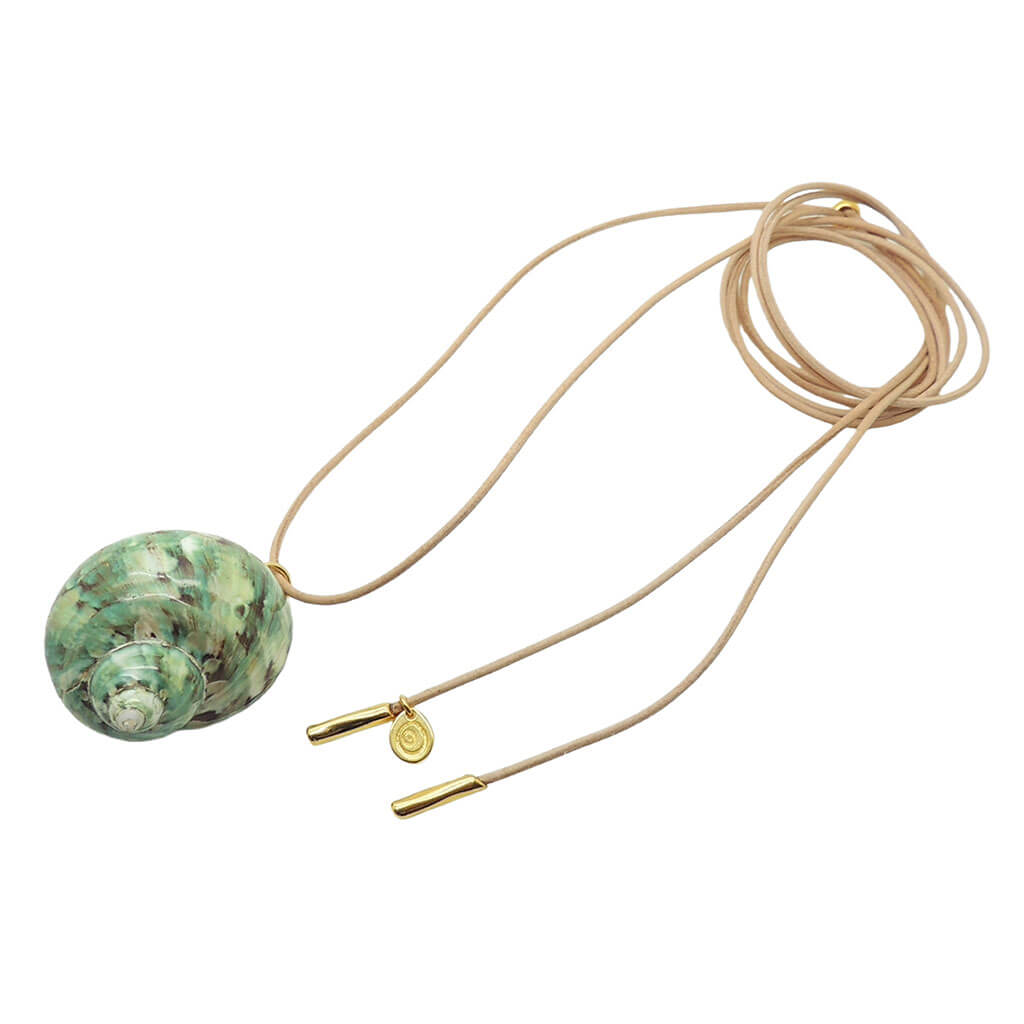 Dana Levy maxi spiral seashell charm leather lariat cord necklace with an turquoise/brown/Ivory shell, natural cord and gold plated cord ends, on a white background. 