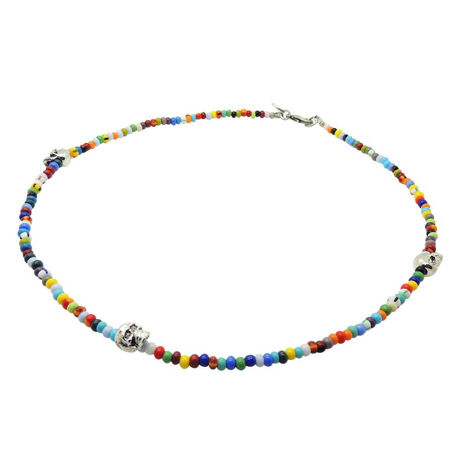 A silver plated brass skull charm trio beaded necklace with multicolour glass beads, by Dana Levy.