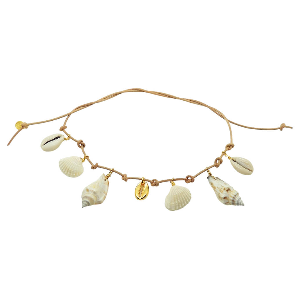 Dana Levy leather cord necklace with gold plated and shell pendants on a white background.