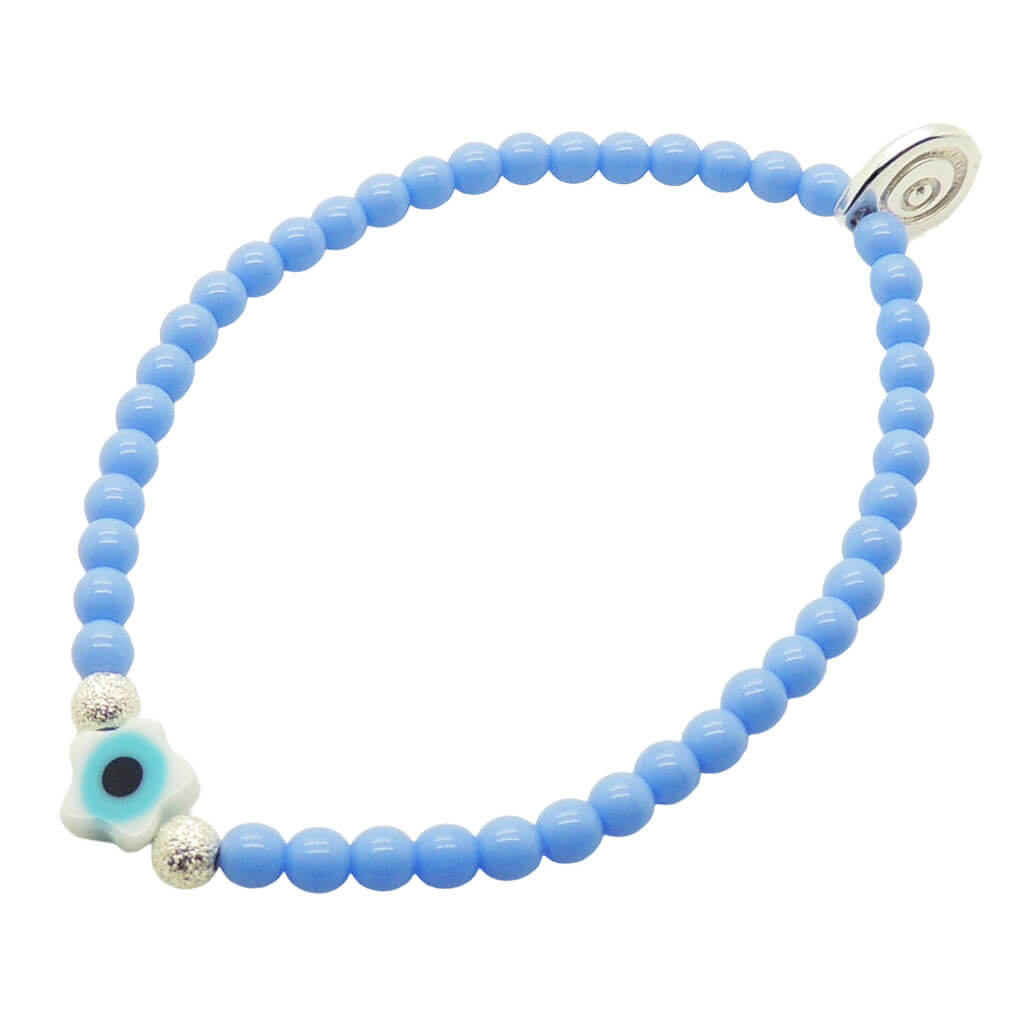 Dana Levy cornflower blue glass bead bracelet with a white evil eye star charm and shiny silver stardust beads. 