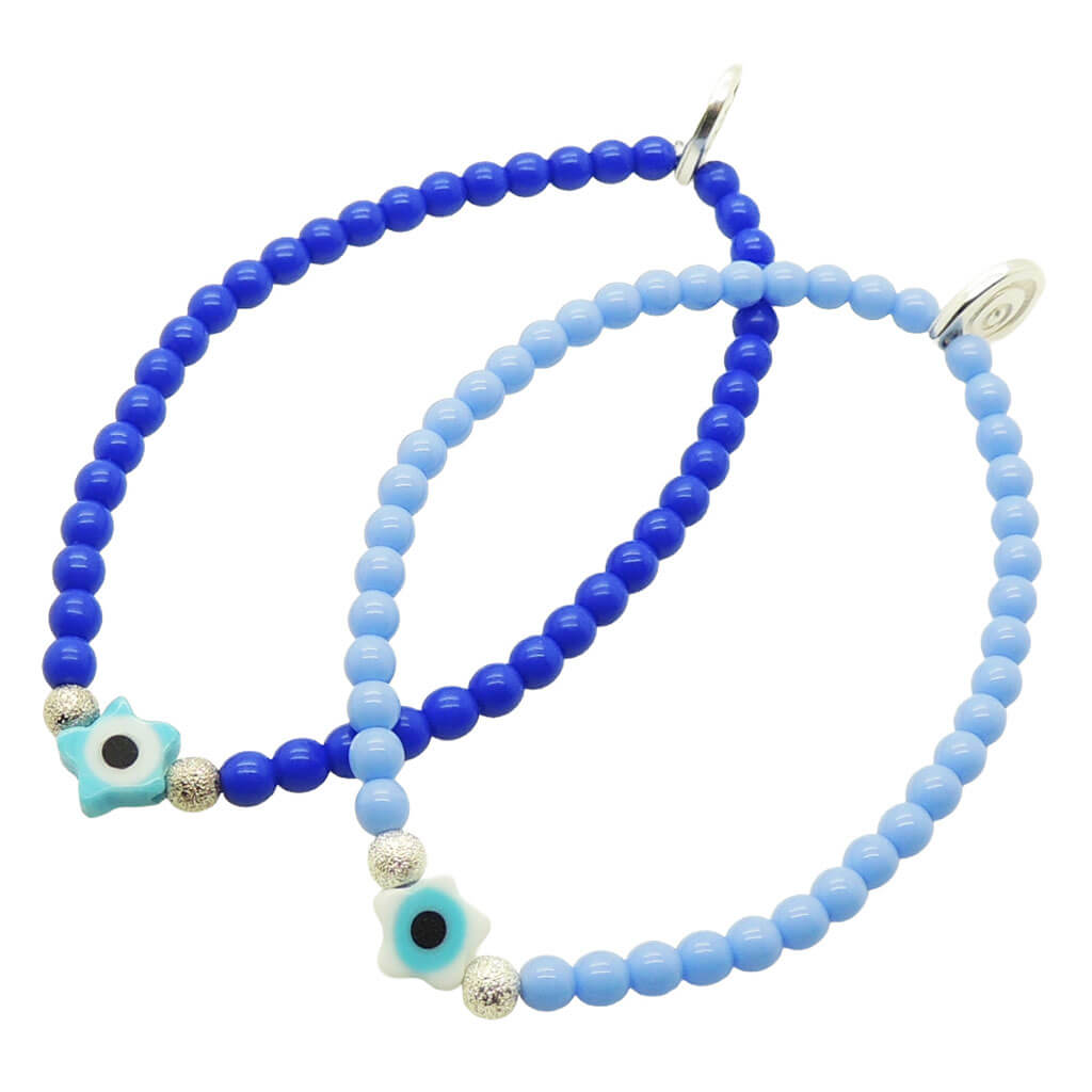 Dana Levy pair of glass bead bracelets in royal blue and cornflower blue coloured glass beads with a turquoise and white evil eye star charms and silver stardust beads. 