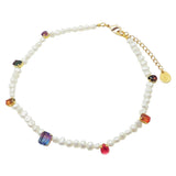 A Dana Levy freshwater pearl choker with multicoloured ombre rhinestone charms in various shapes, with a gold plated clasp and extender chain. 