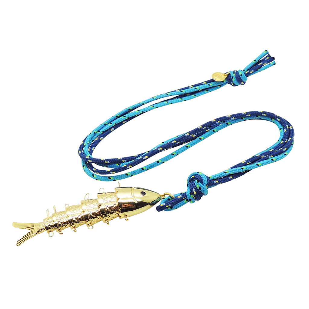 Dana Levy maxi articulated fish charm nautical cord duo necklace with a turquoise navy blue cords on a white background. 