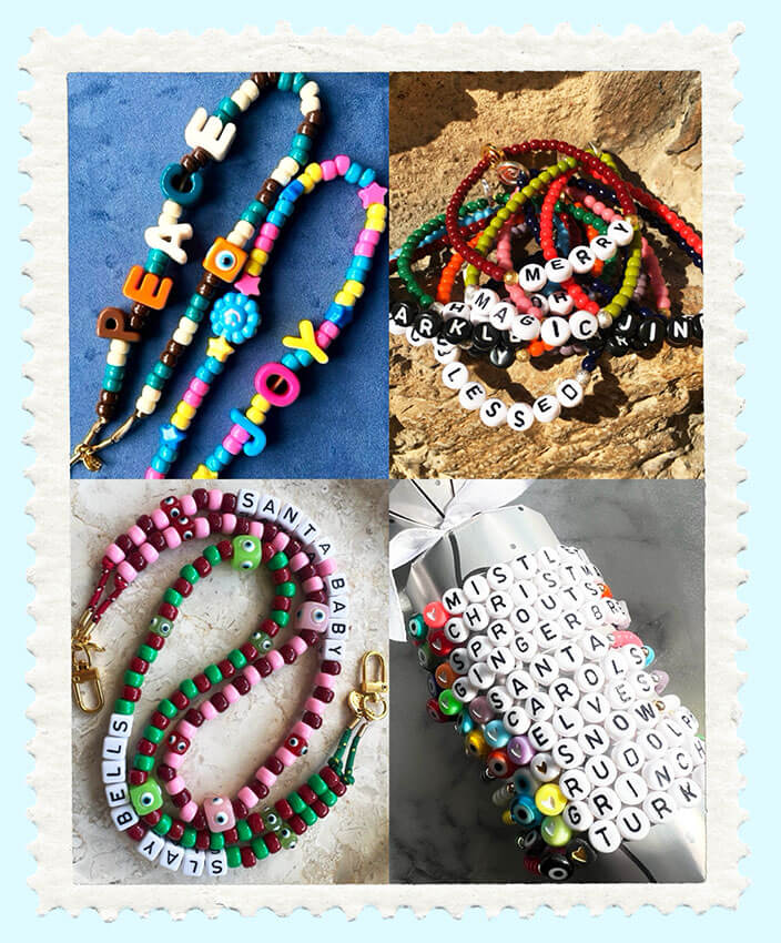 A four-panel collage showing colourful personalised beaded name bracelets and phone charms with christmas themed words with a vintage frame on a blue background.