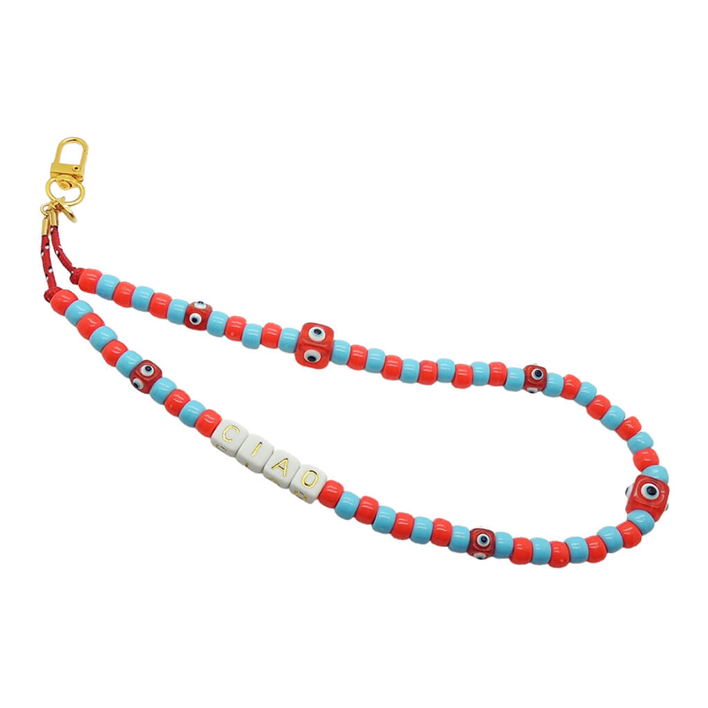 Dana Levy CIAO beaded phone charm strap with colourful beads and a gold clip on a white background