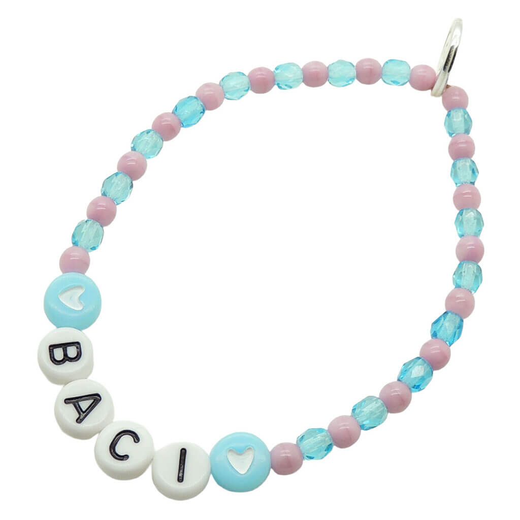 Dana Levy BACI personalised name glass crystal bead mix bracelet with light pink and turquoise glass beads and light blue heart charms on a white background. 