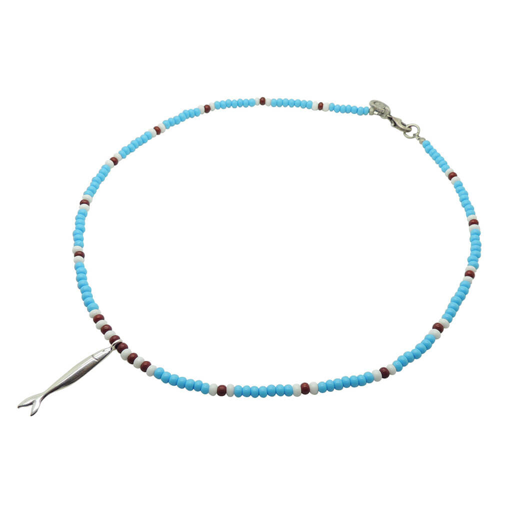 Dana Levy sardine charm striped glass bead necklace with an antique silver sardine charm pendant and turquoise white and dark brown glass beads on a white background. 