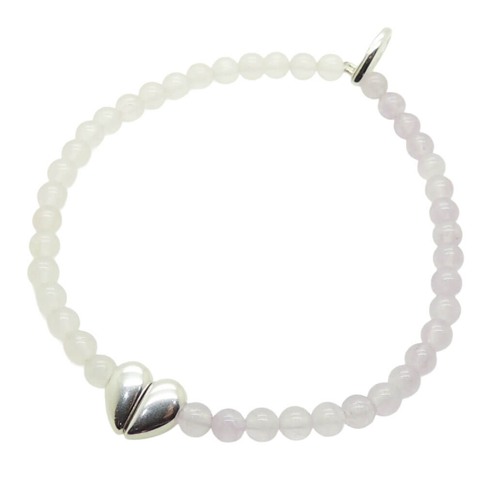 Dana Levy silver plated split heart charm gemstone bracelet in rose quartz and lavender amethyst on a white background. 