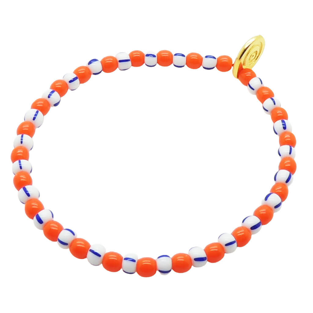 Dana Levy orange, white, and blue striped glass bead bracelet on a white background.