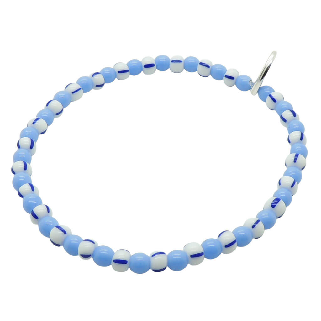 Dana Levy beaded bracelet with blue and white striped beads on a white background.