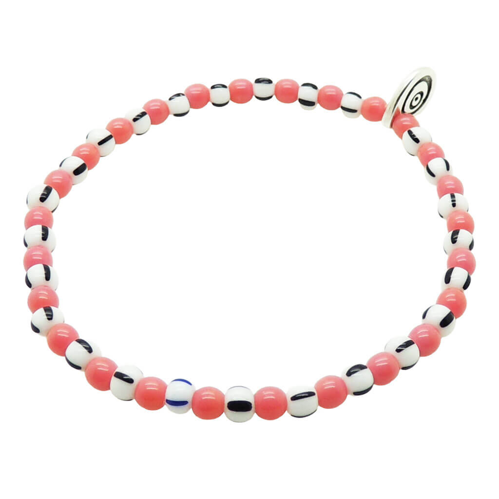 Dana Levy glass bead bracelet with pink, white, and black striped beads on a white background.