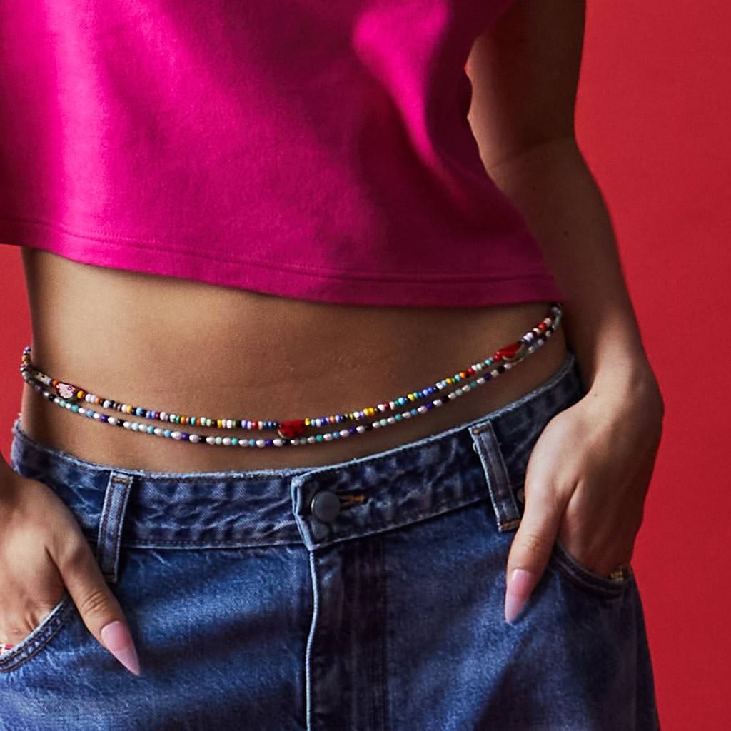 Dana Levy Watermelon Charm Balagan Multicolour Glass Bead Belly Chain - Detail paired with Ibiza Blue Pearl Belly Chain