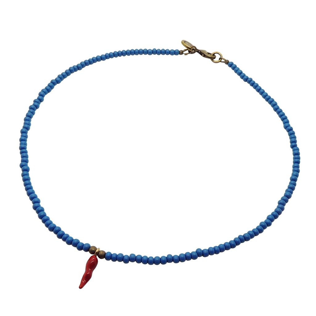 Dana Levy Men's Cornicello Horn Charm Glass Rocaille Bead Necklace - Antique Gold / Cobalt Blue