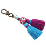 Dana Levy Evil Eye Cube Charm Tassel Duo Bag Charm - Antique Gold / Bright Pink Evil Eye / Magenta - Blue Tassel 