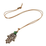 Dana Levy Filigree Hamsa Hand Charm Leather Cord Necklace - Antique Gold Plate / Natural Cord