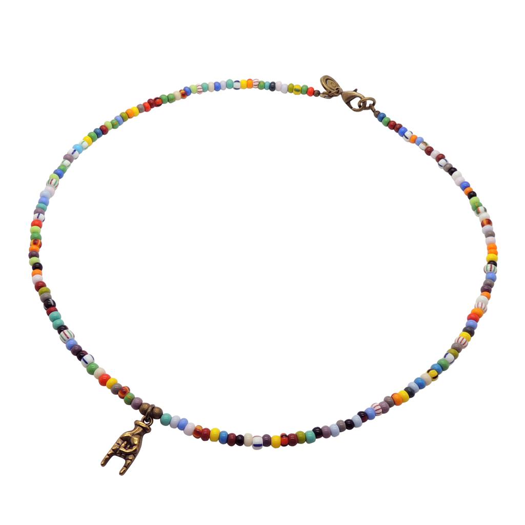 Dana Levy Mano Cornuto Hand Charm Balagan Glass Bead Necklace - Antique Gold
