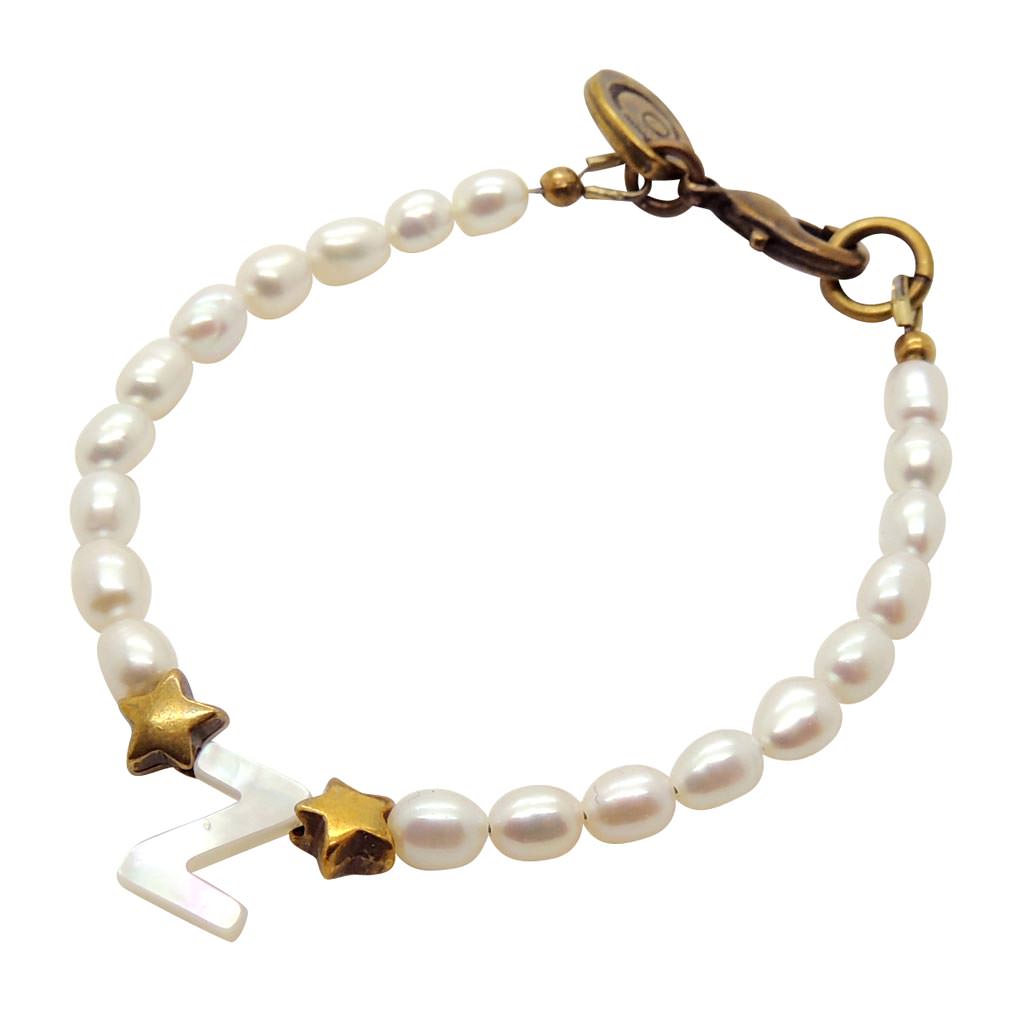 Dana Levy Mother of Pearl Initial Alphabet Star Charm Freshwater Pearl Bracelet - Z Antique Gold