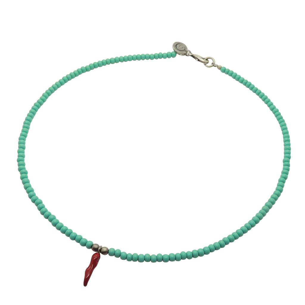 Dana Levy Cornicello Horn Charm Glass Rocaille Bead Necklace - Antique Silver / Aqua