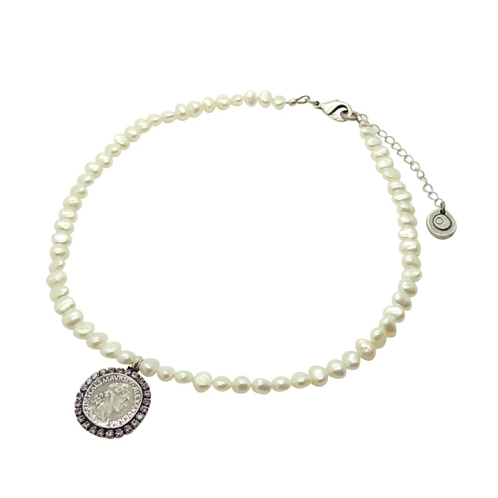 Dana Levy Roman Coin Pearl Choker - Antique Silver