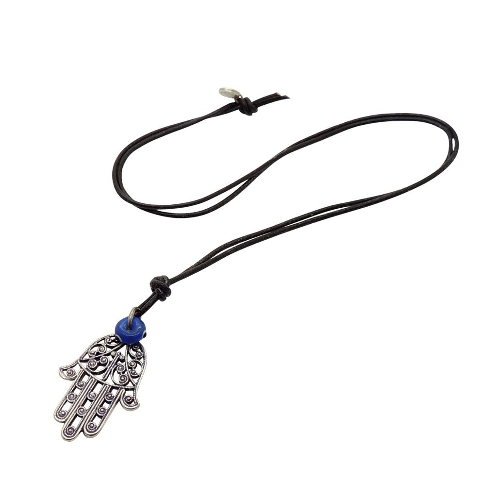 Dana Levy Filigree Hamsa Hand Charm Leather Cord Necklace - Antique Silver Plate / Black Cord