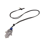 Dana Levy Filigree Hamsa Hand Charm Leather Cord Necklace - Antique Silver Plate / Black Cord