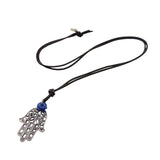 Dana Levy Filigree Hamsa Hand Charm Leather Cord Necklace - Antique Silver Plate / Black Cord