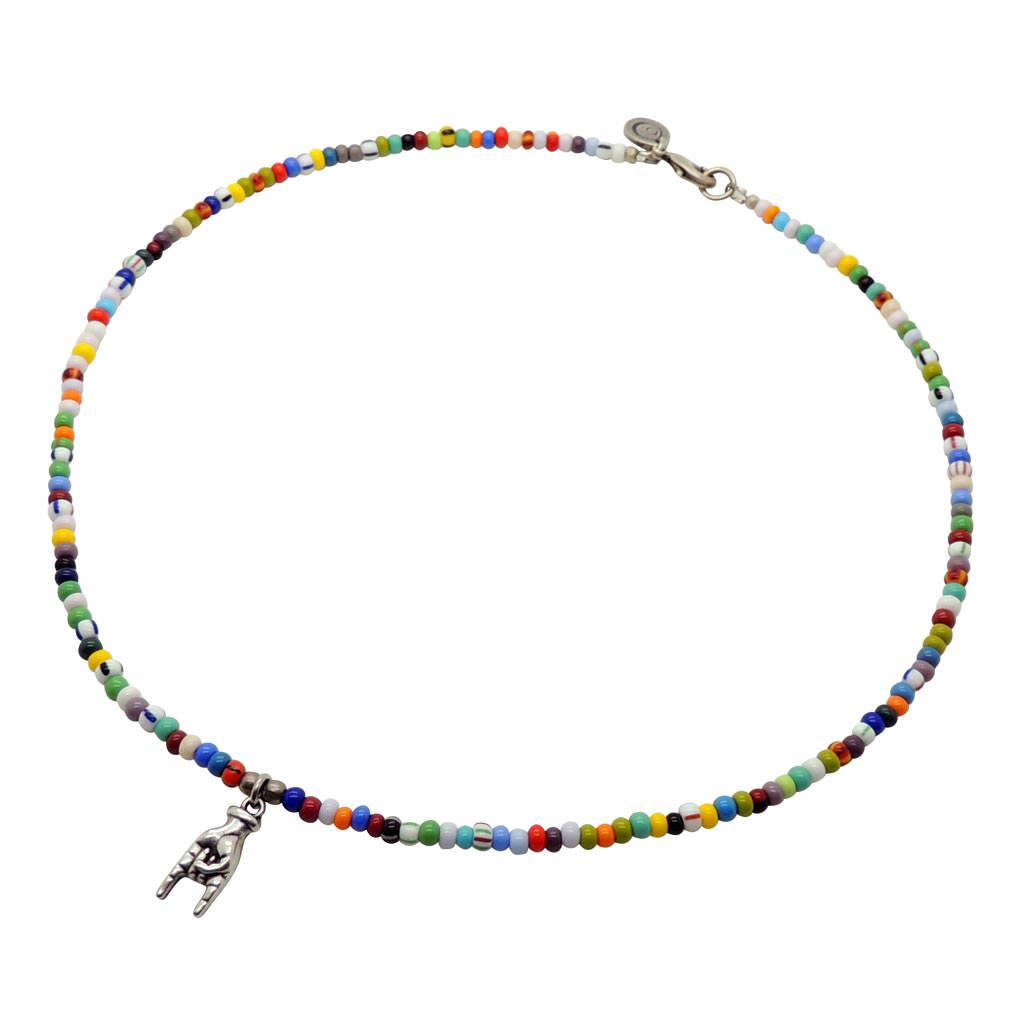 Dana Levy Men's Mano Cornuto Hand Charm Balagan Glass Bead Necklace- Antique Silver