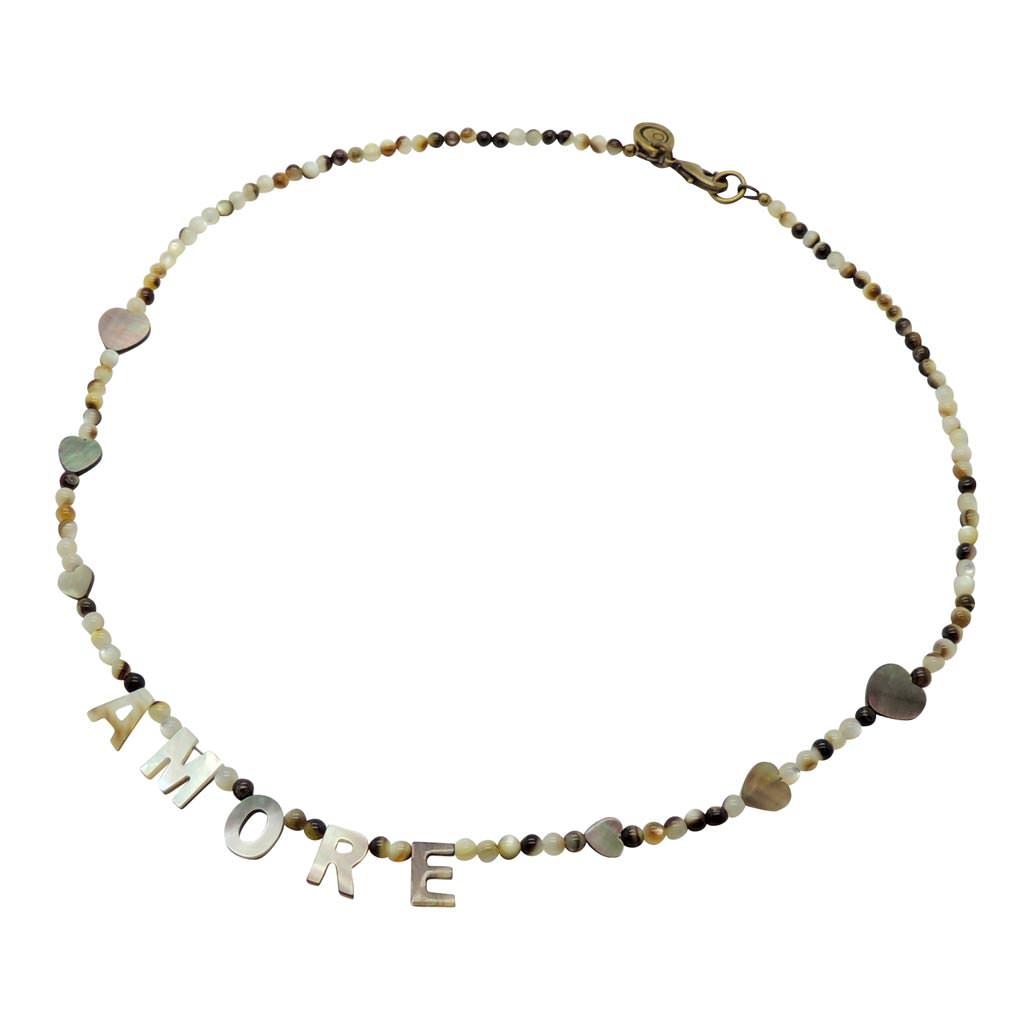 Dana Levy DIY Black Lip Shell Personalised Name Beaded Necklace - Amore with Heart Charms Trio 