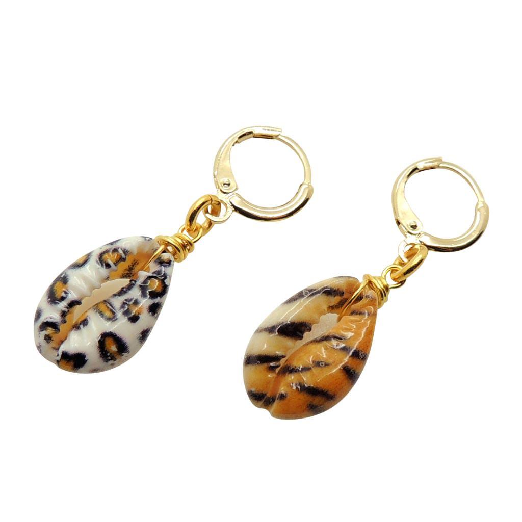 Dana Levy Animal Print Cowrie Shell Charm Huggie Earring - Duo Tiger and Leopard Print