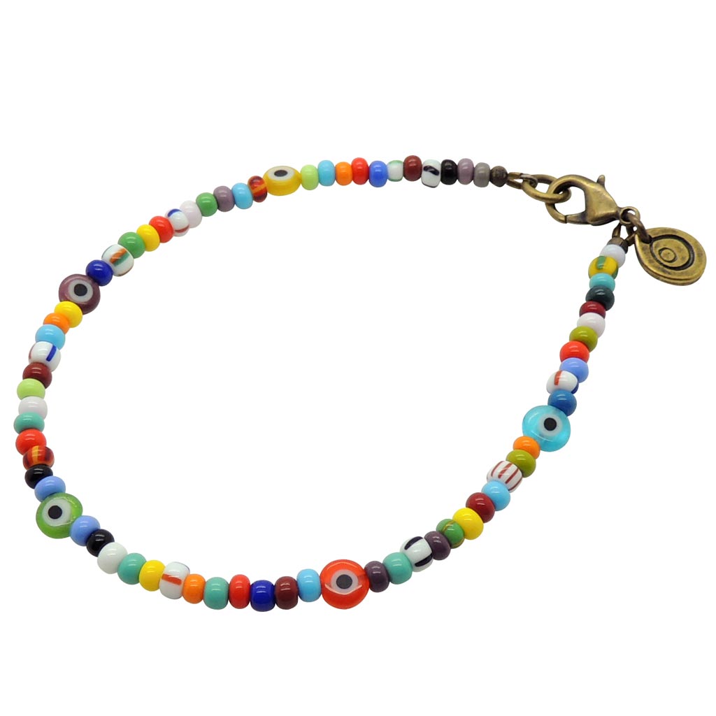 Dana Levy Multicolour Mini Evil Eye Charm Balagan Glass Bead Anklet - Antique Gold