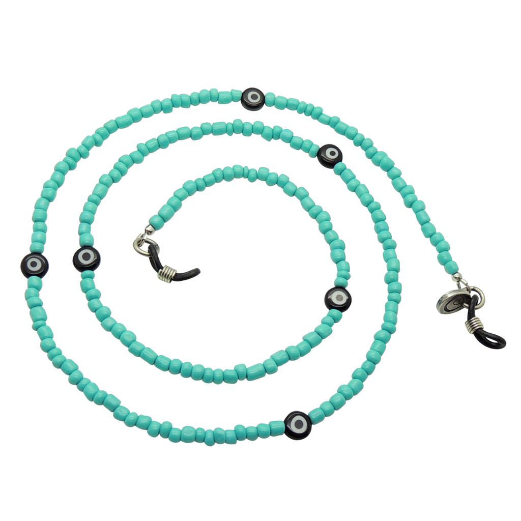 Dana Levy Evil Eye Charm Beaded Glasses Chain - Black Evil Eyes / Aqua Glass beads / Antique Silver Plate