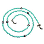 Dana Levy Evil Eye Charm Beaded Glasses Chain - Black Evil Eyes / Aqua Glass beads / Antique Silver Plate