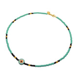 Dana Levy Ceramic Evil Eye Charm Glass Bead Mix Necklace - Pearl Aqua Eye / Aqua-Black-Dark Orange