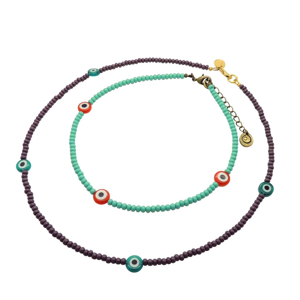Dana Levy Evil Eye Charm Glass Bead Choker and Necklace Duo - Orange Eye / Aqua Bead, Teal Eye/Plum Purple Bead