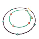 Dana Levy Evil Eye Charm Glass Bead Choker and Necklace Duo - Orange Eye / Aqua Bead, Teal Eye/Plum Purple Bead