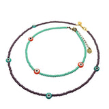 Dana Levy Evil Eye Charm Glass Bead Choker and Necklace Duo - Orange Eye / Aqua Bead, Teal Eye/Plum Purple Bead