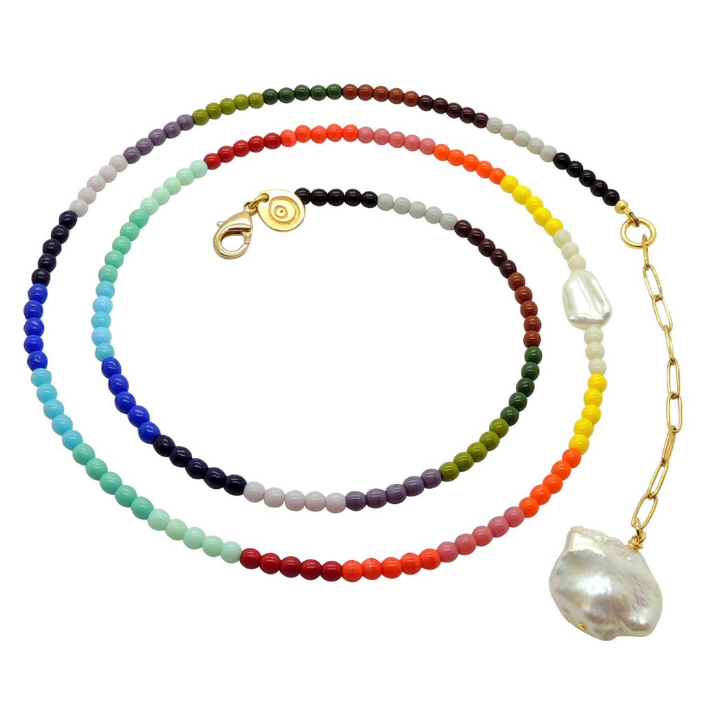 Dana Levy Freshwater Pearl Charm Rainbow Spectrum Glass Bead Belly Chain Spiral - Gold Plate 