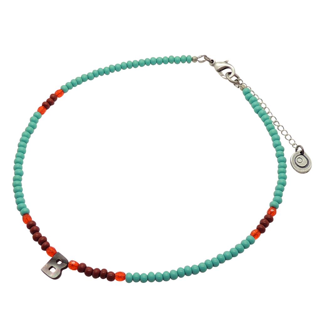 Dana Levy Black Lip Shell Initial Alphabet Letter Charm Glass Bead Mix Choker - Letter B / Aqua / Burnt Sienna /  Sun Orange
