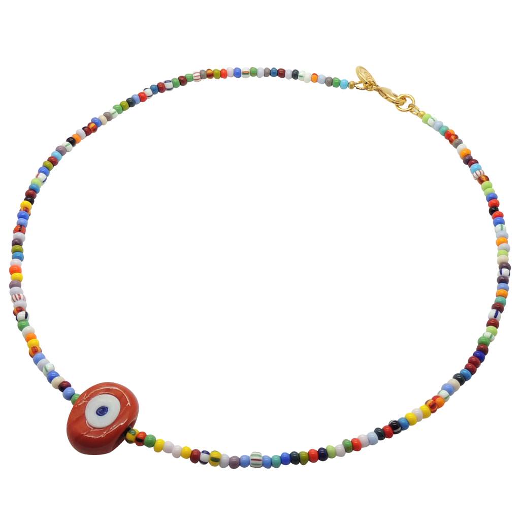 Dana Levy Multicolour Evil Eye Nugget Charm Balagan Glass Bead Necklace - Opaque Terracotta