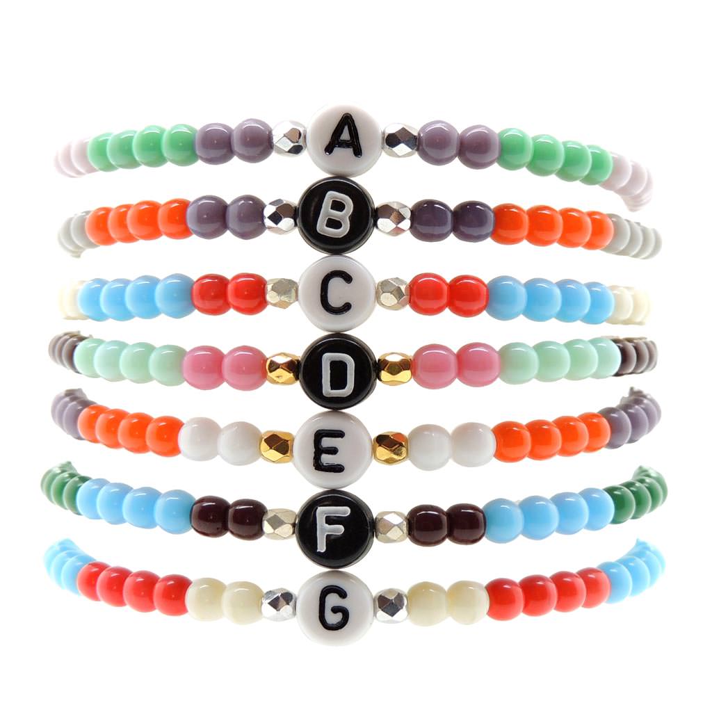 Dana Levy Initial Alphabet Letter Charm Glass Bead Bracelet - Black White A to G Stack