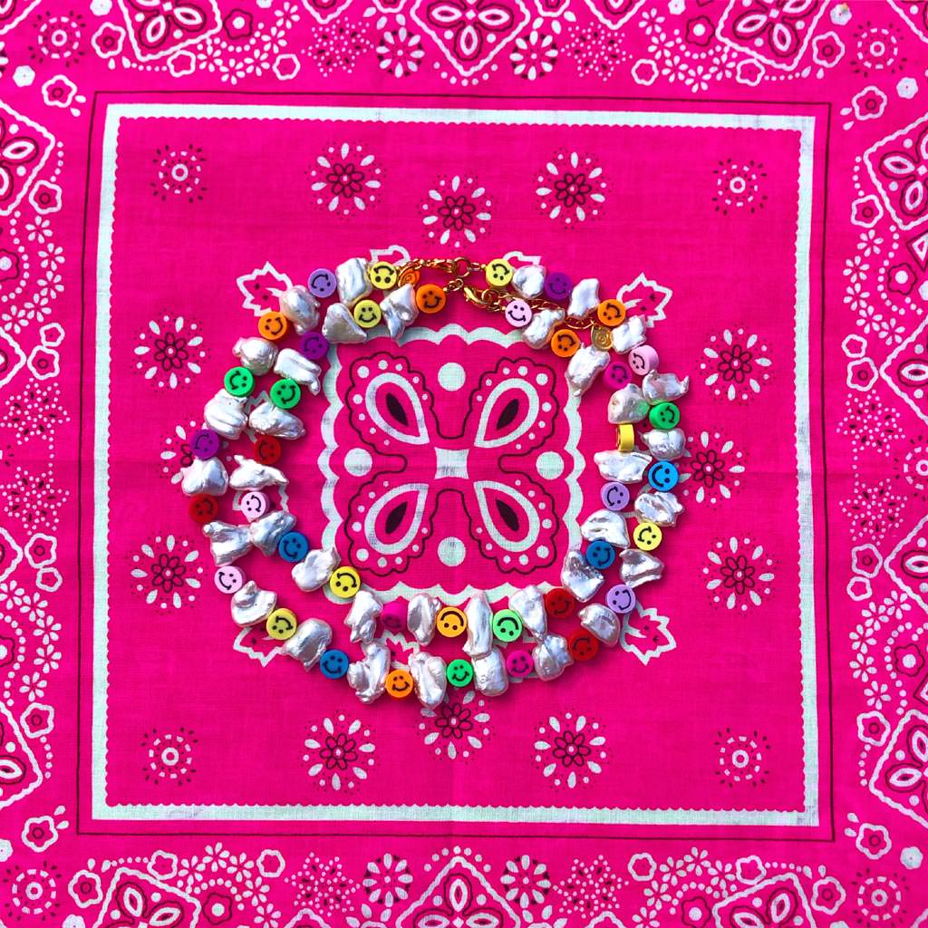 Dana Levy Multicolour Smiley Charm Freshwater Pearl Choker and Necklace Combo Pink Bandana