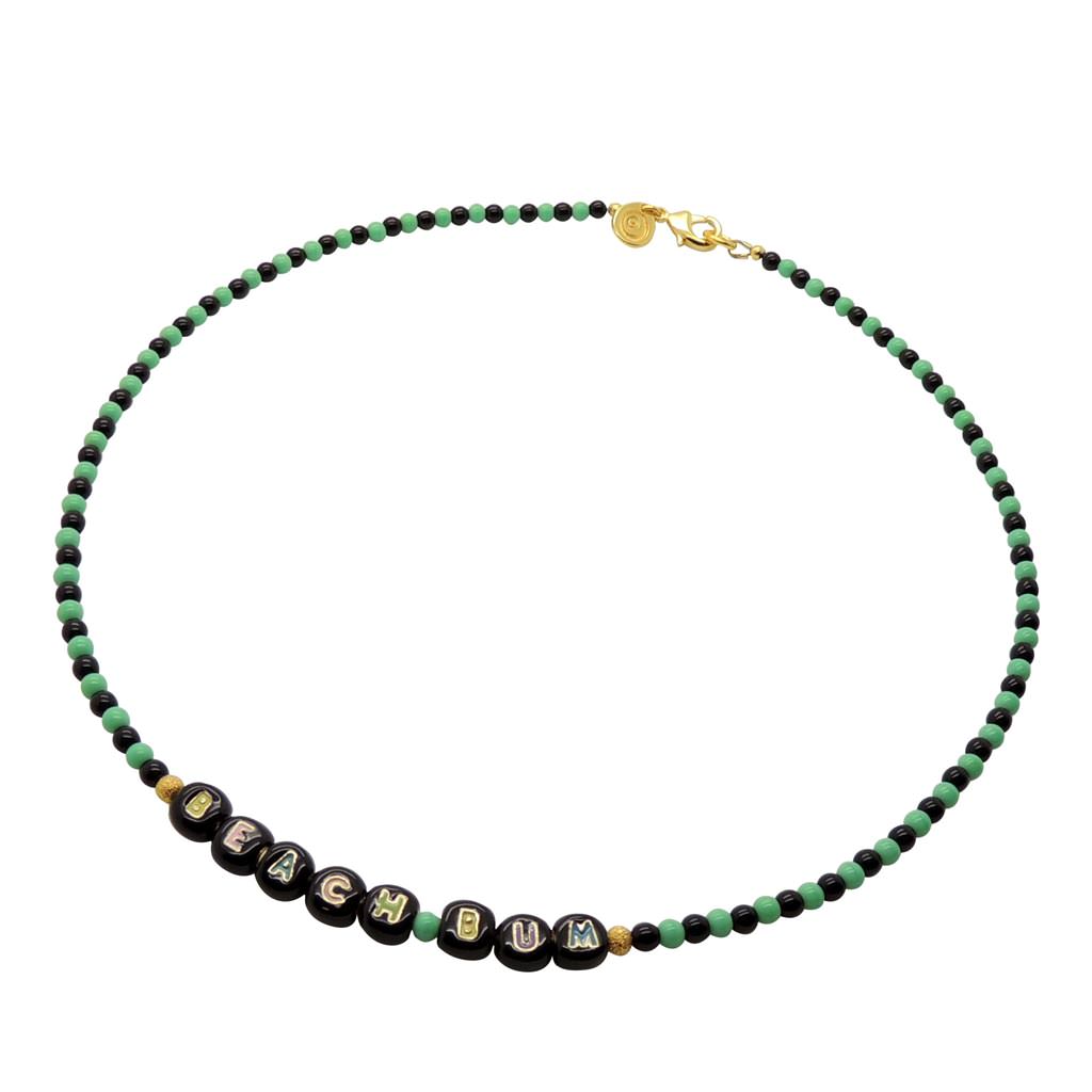 Dana Levy Enamel Personalised Name Two Tone Glass Bead Necklace - Beach Bum Black Enamel Green Black Glass Beads