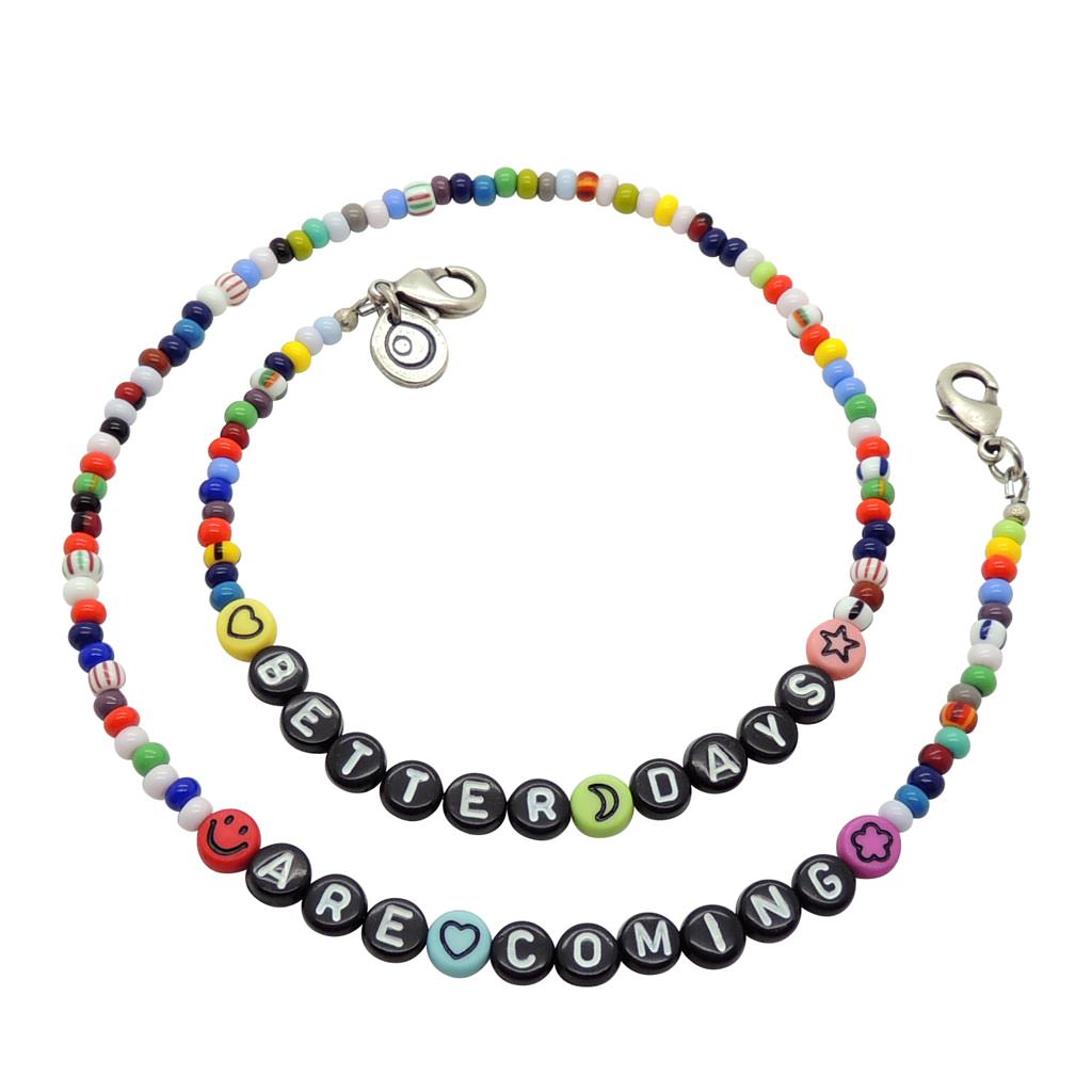 Dana Levy Personalised Alphabet Lucky Charm Balagan Glass Bead Face Covering Chain - Better Days Are Coming - Black Beads White Text